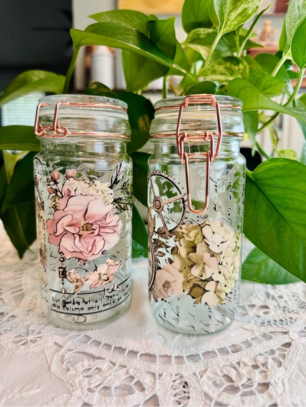 Decorative Glass storage jars set of 2 two 6” tall x 2” diameter
